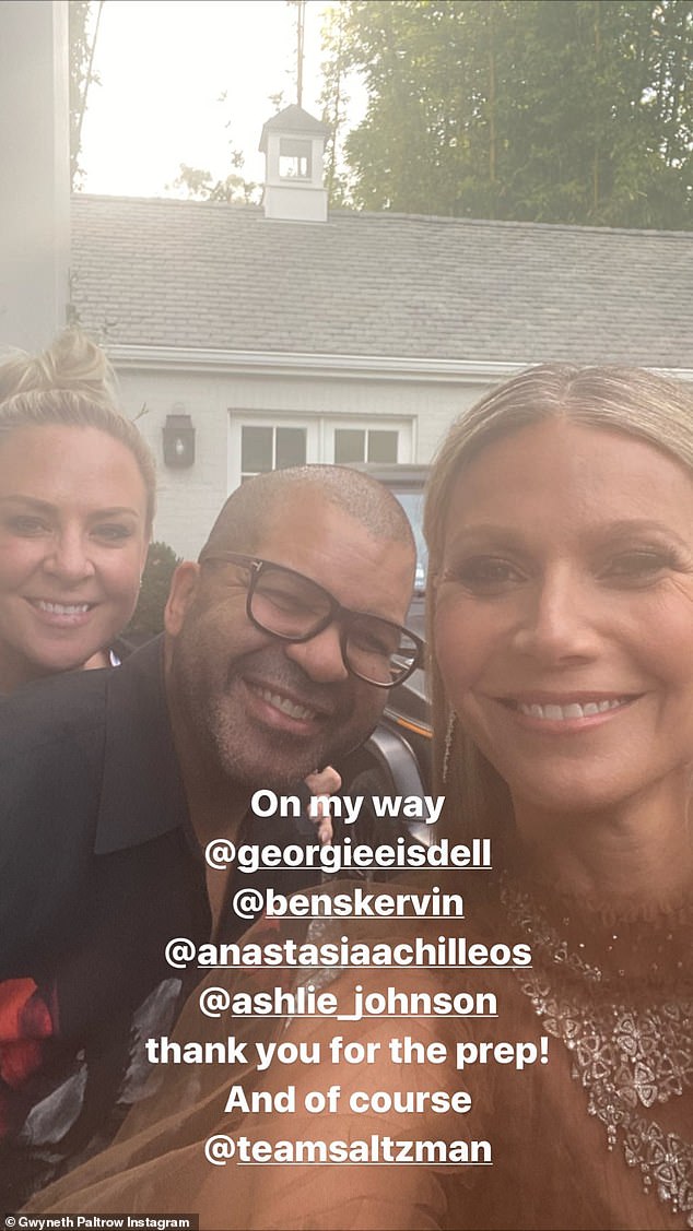 Flawless: Paltrow showcased her full glam look as she took a selfie with her stylists before heading off to the awards show
